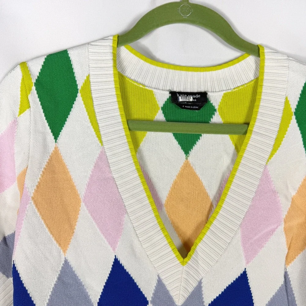 Kate Spade Sprint Argyle Sweater Ivory V-Neck Short Sleeve Top Women Sz S